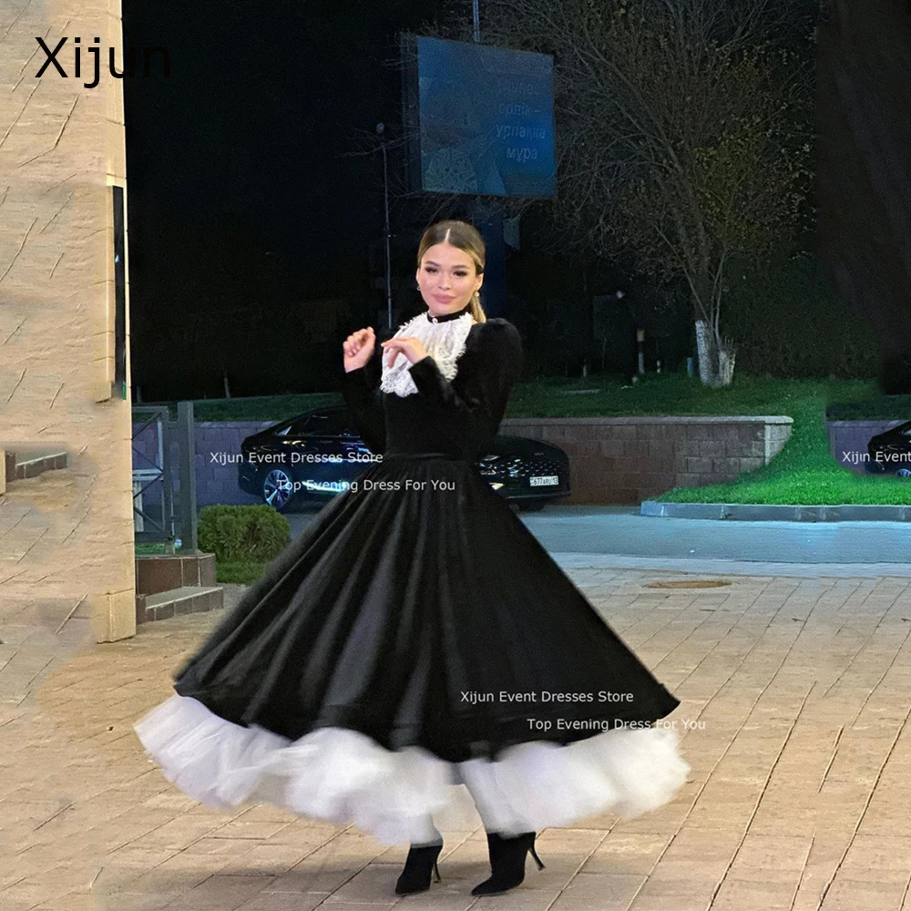 

Xijun Black Velvet Long Evening Dresses Long Sleeves Lace Prom Dresses Formal A-Line Ankle Length Prom Gowns 2024 Saudi Arabric