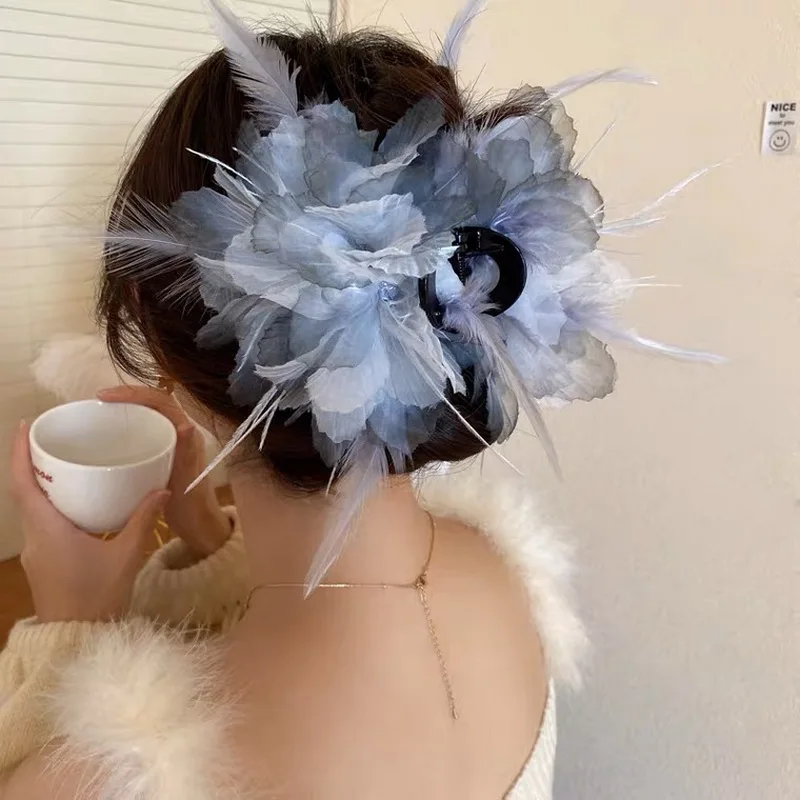 FashionFeatherHairClawClipForWomenPlushHairpinGirlsBlack