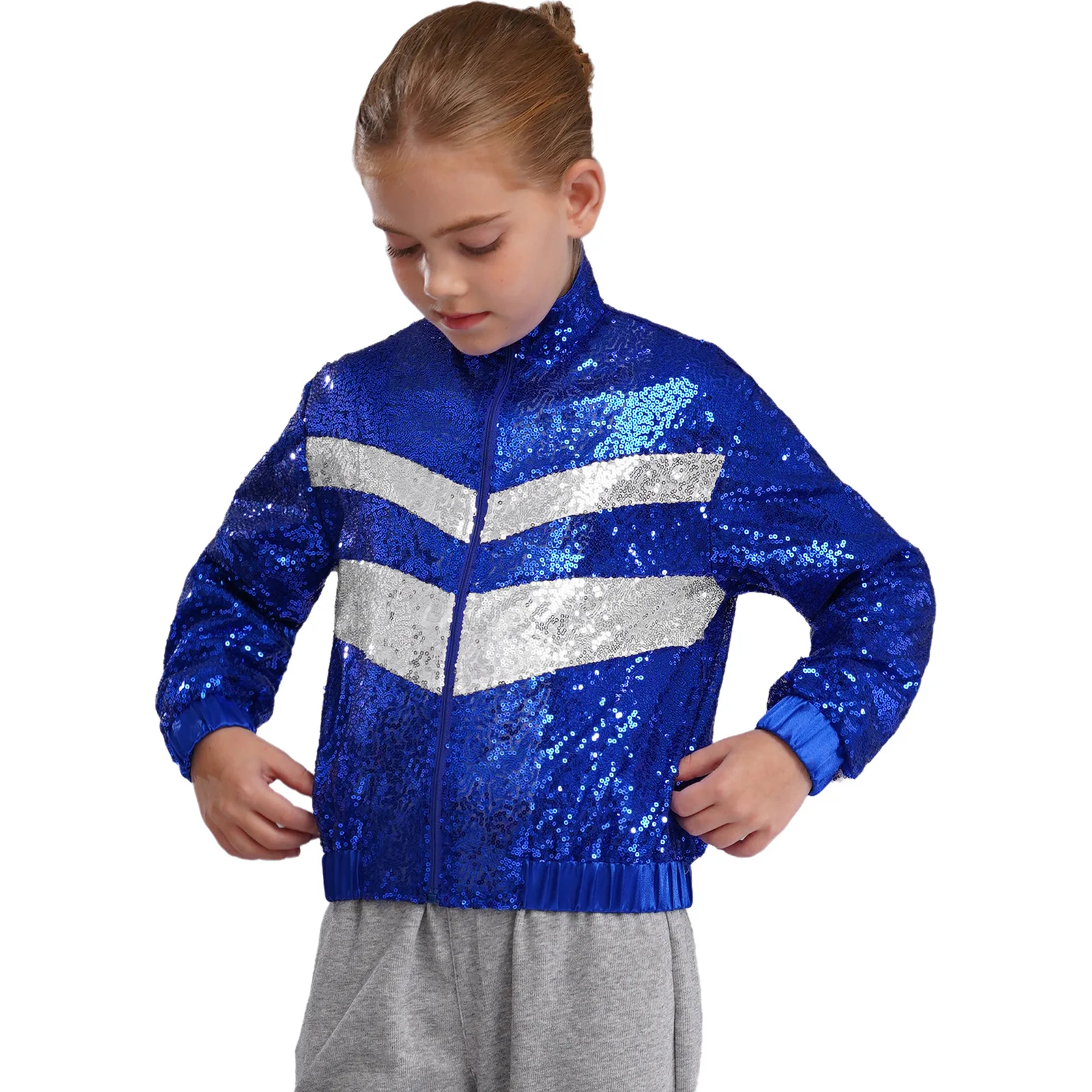 Kinder Mädchen Mode Pailletten Bomber Jacke Mantel Frühling Herbst Jazz Dance Performance Kostüm Reißverschluss Farbe Block Oberbekleidung Großhandel – Detail 18