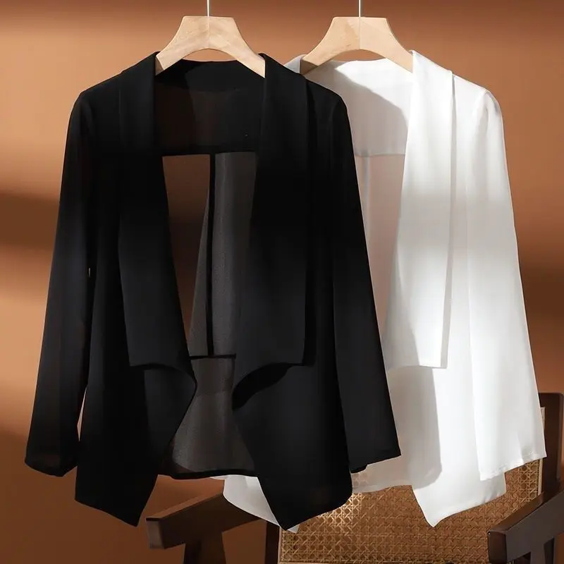 Thin Coat New Summer Chiffon Cardigan Short Shawl Air-conditioned Shirt Suspender Sun Protection Suit Women Clothing Big Size hollow out blouse paired with suspender skirt 2023 new bat sleeve drawstring top women s summer shawl sun protection suit