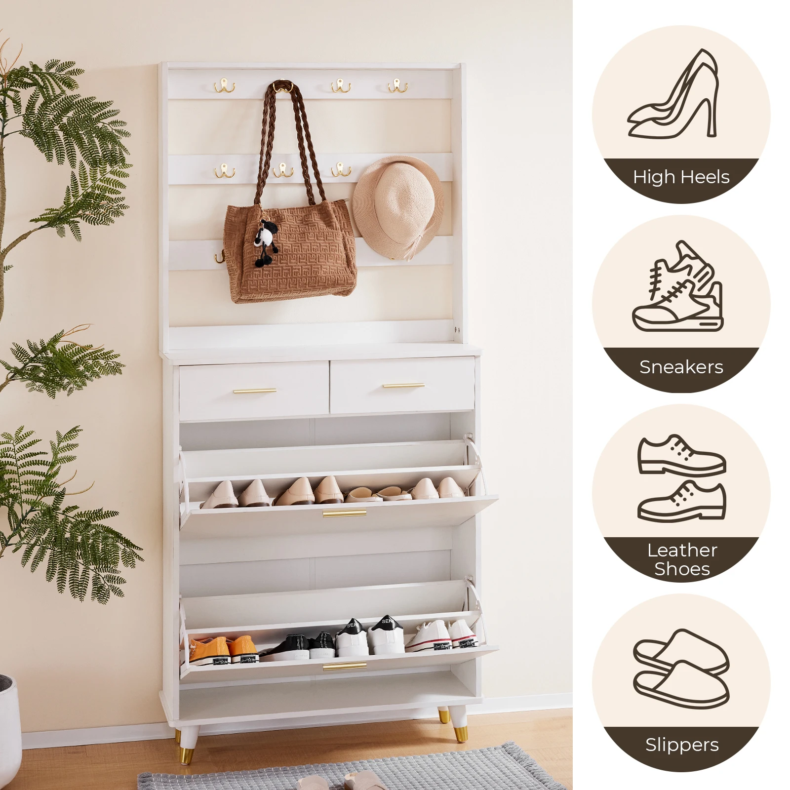Entryway Bedroom Armoire,Shoe Cabinet,Wardrobe Armoire Closet, Drawers and Shelves, Handles, Hanging Rod, white