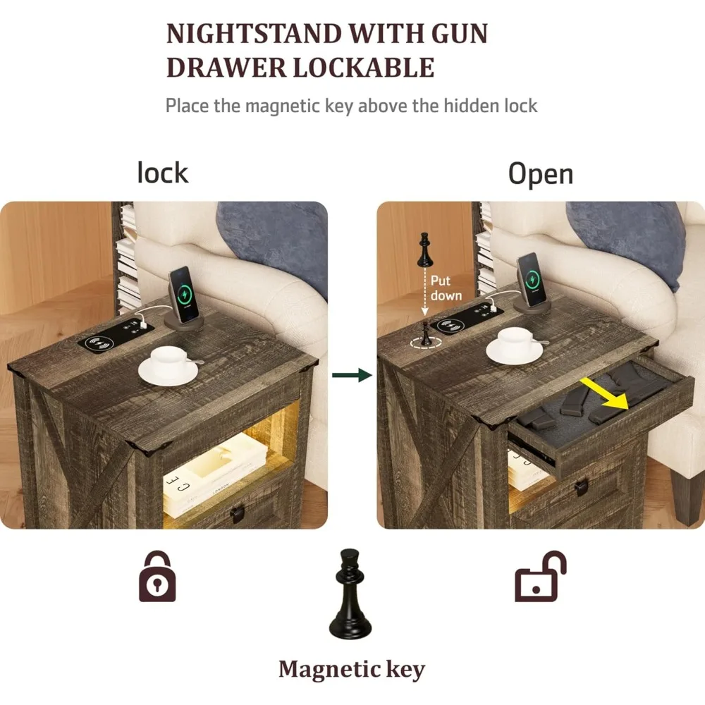 LED Nightstand with Gun Storage Drawer and Hidden Lock, Modern Sensor-Activated Bedside Table with Rustic Style