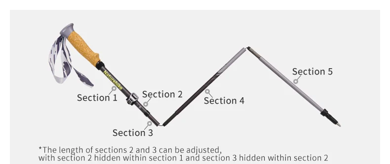 Naturehike Climbing Poles Lightweight 5-Section Carbon Fiber Folding Trekking Pole Hiking Walking Stick Light Trail 5-EXT Cane