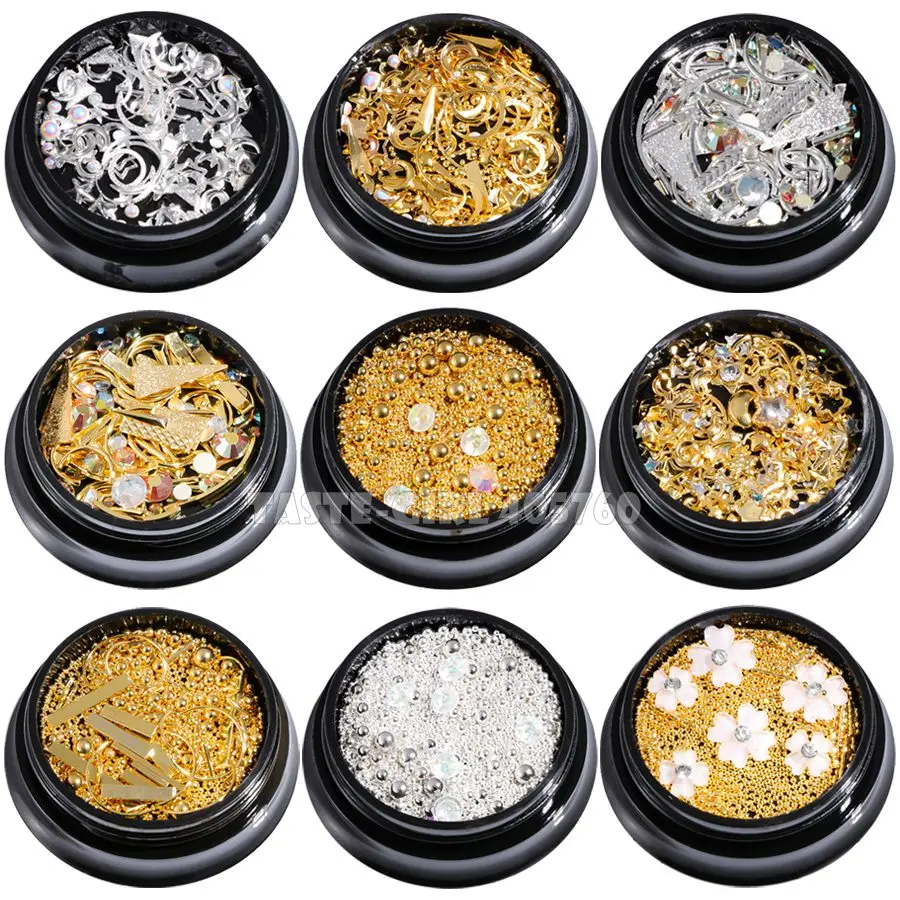 Description Picture 3 of item1 Pot Mix Shape Metal Leaf Caviar Beads Ball Bar Star Moon Acrylic Diamond Nail Art Rhinestones Gems Decorations Manicure DIY F#