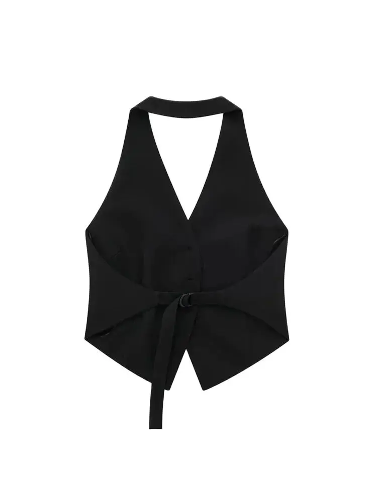 Fur Vest Women Vest TRZA Women Fashion Backless Halter Neck Waistcoat Sexy Sleeveless Button-up Female Outerwear Chic Vest Tops
