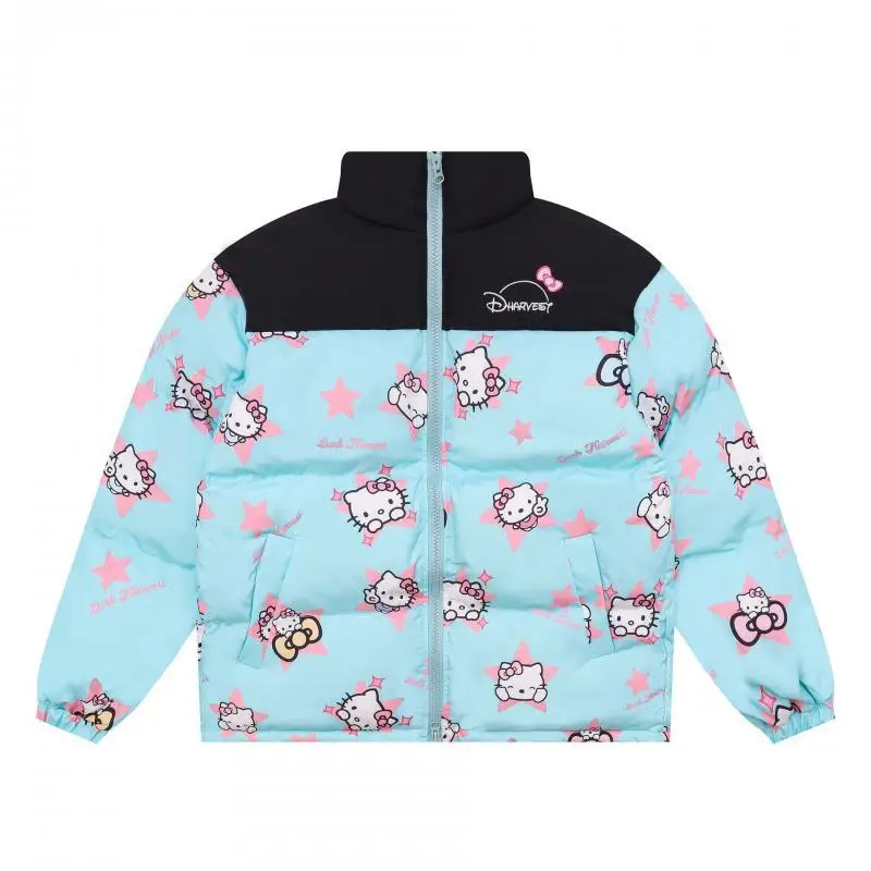 

Anime Sanrio Winter Cotton Clothes Childrens New Contrast Cartoon Print Embroidery Hellokitty Loose Casual Girls Cute Coat Gifts