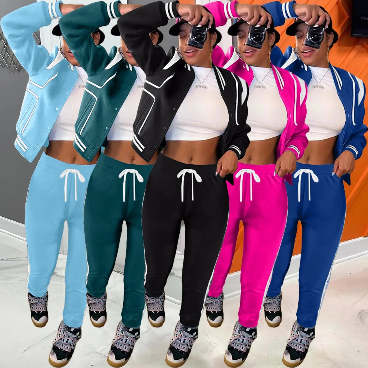 

Women's tight pants casual sports suit single breasted long sleeved double layered threaded baseball jacket short top