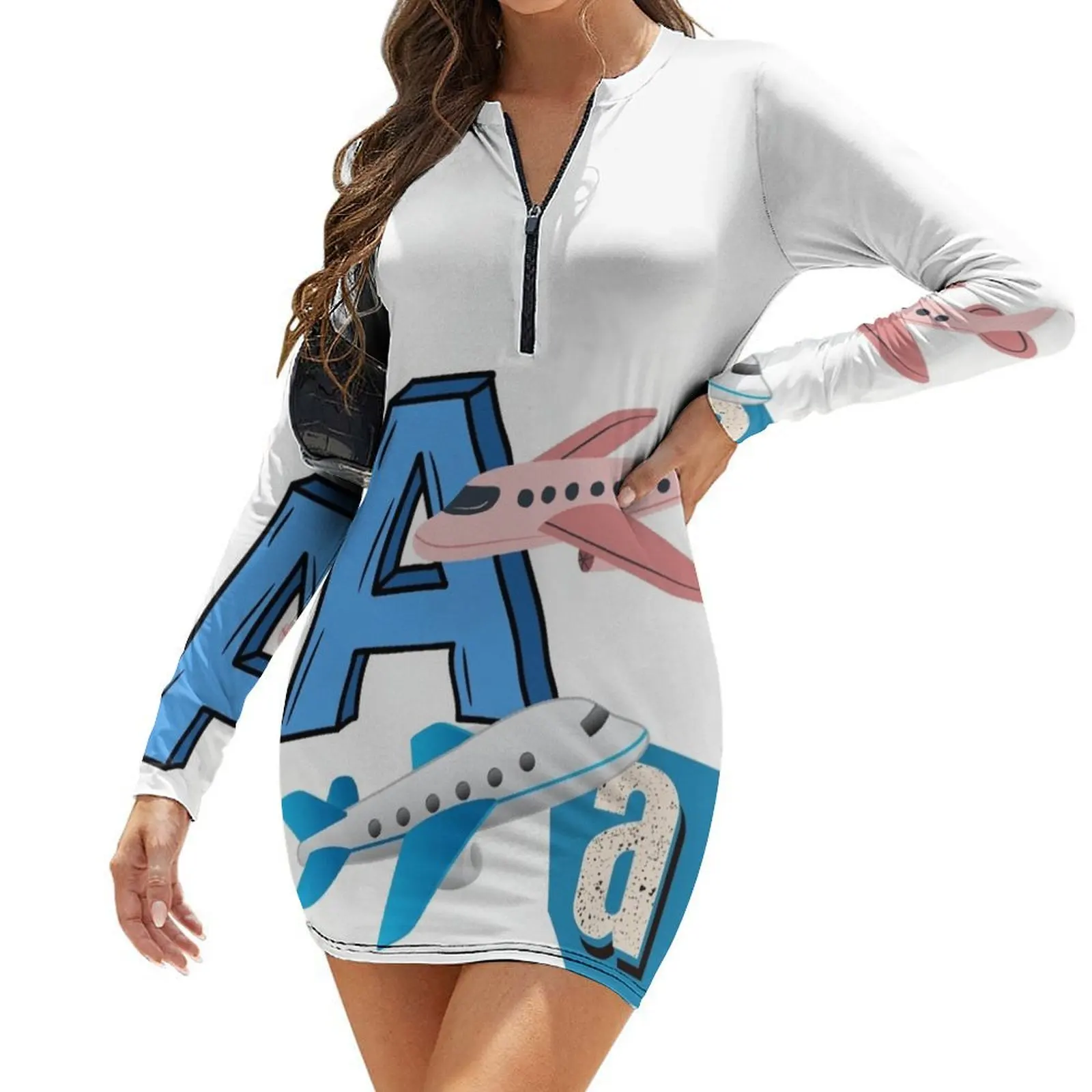 

A, Alphabet, Airplane. Long-Sleeve Bodycon Dress sexy dress Women's evening dress beach outfits for women summer