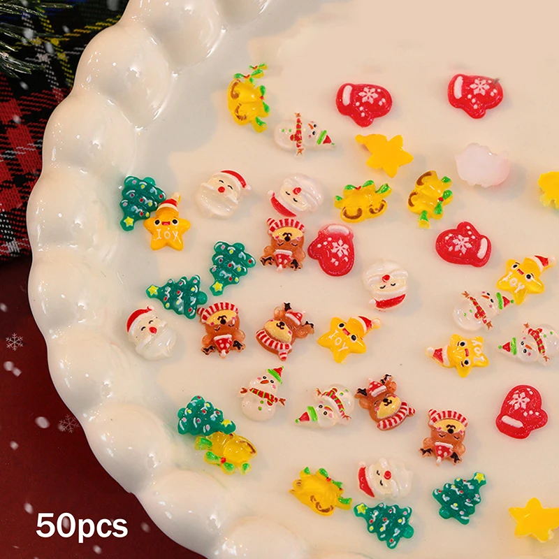 50Pcs Cute Christmas Series Resin Nail Charms - Santa Claus Snowman Reindeer Nail Art Decorations, DIY Manicure Accessories