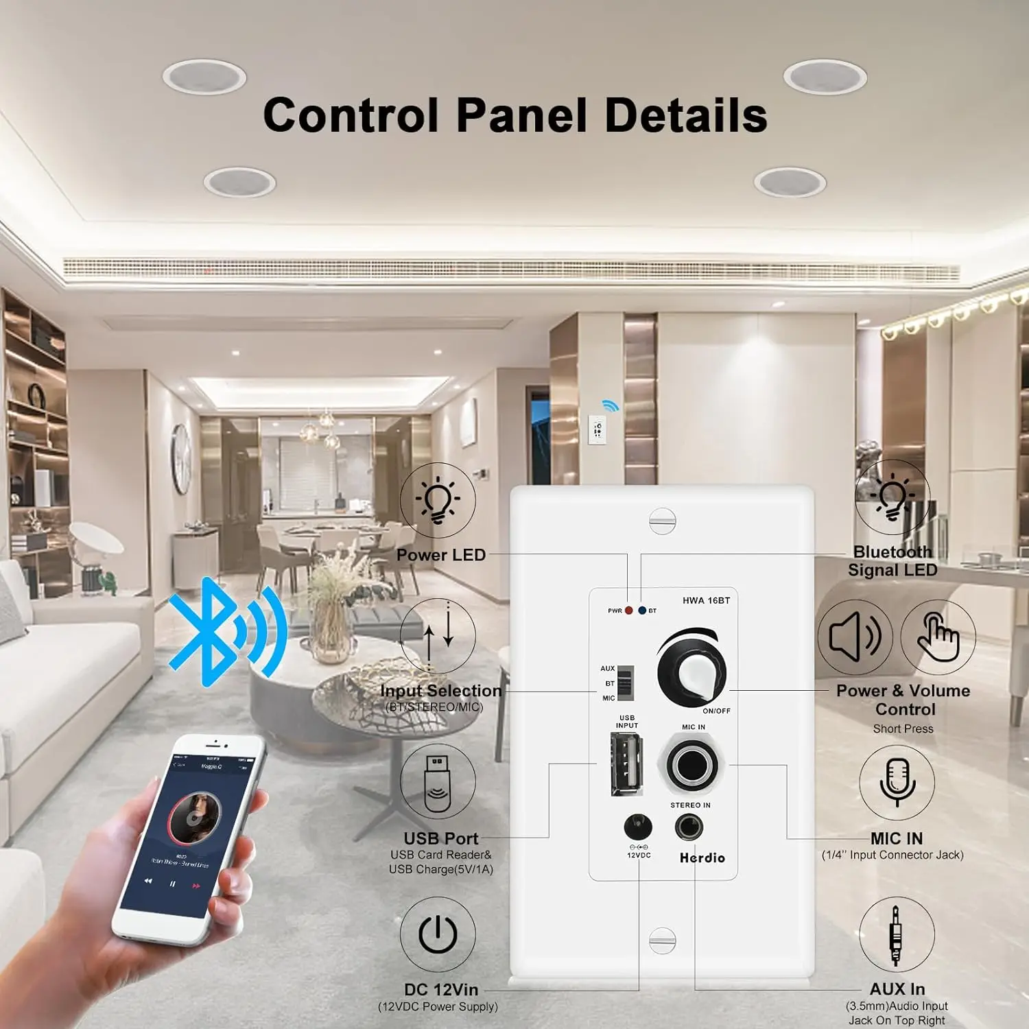 Herdio 5.25 Inch Bluetooth Ceiling Speaker Max Power 600W 2-Way Wall Mount Amplifier Receiver for Home Theater Office 4 Speakers