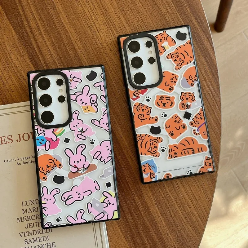 

Cute Rabbit Tiger MagSafe Acrylic Black Border Case for Samsung Galaxy S22 Ultra S23 Ultra S24 Ultra Cover Protective Shell