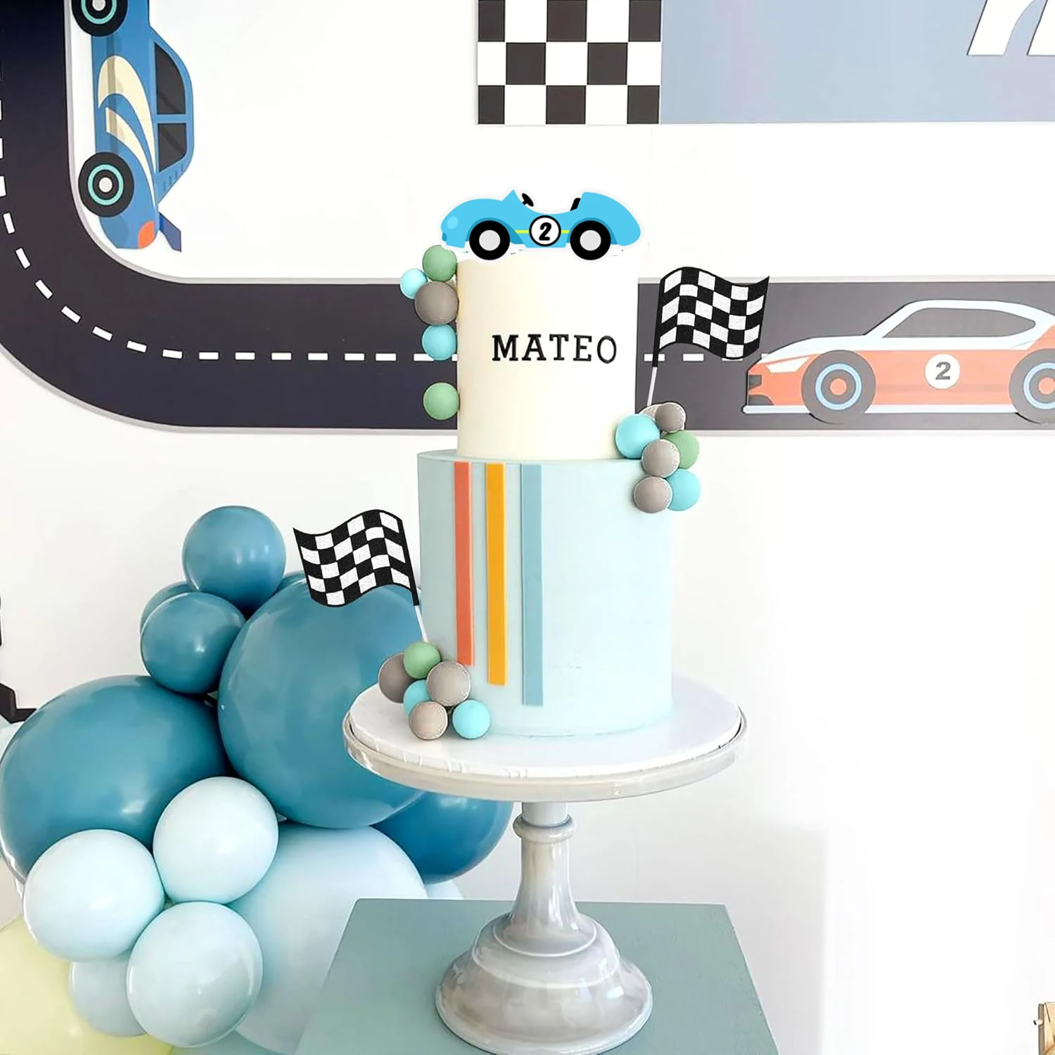 28pcs Two Fast Racing Car Cake Topper Blue Gray Grass Green Balls Cake Toppers for Kids Birthday Party Baby Shower Decoration party decorations,birthday party supplies,cake topper,cake decorations,cake toppers