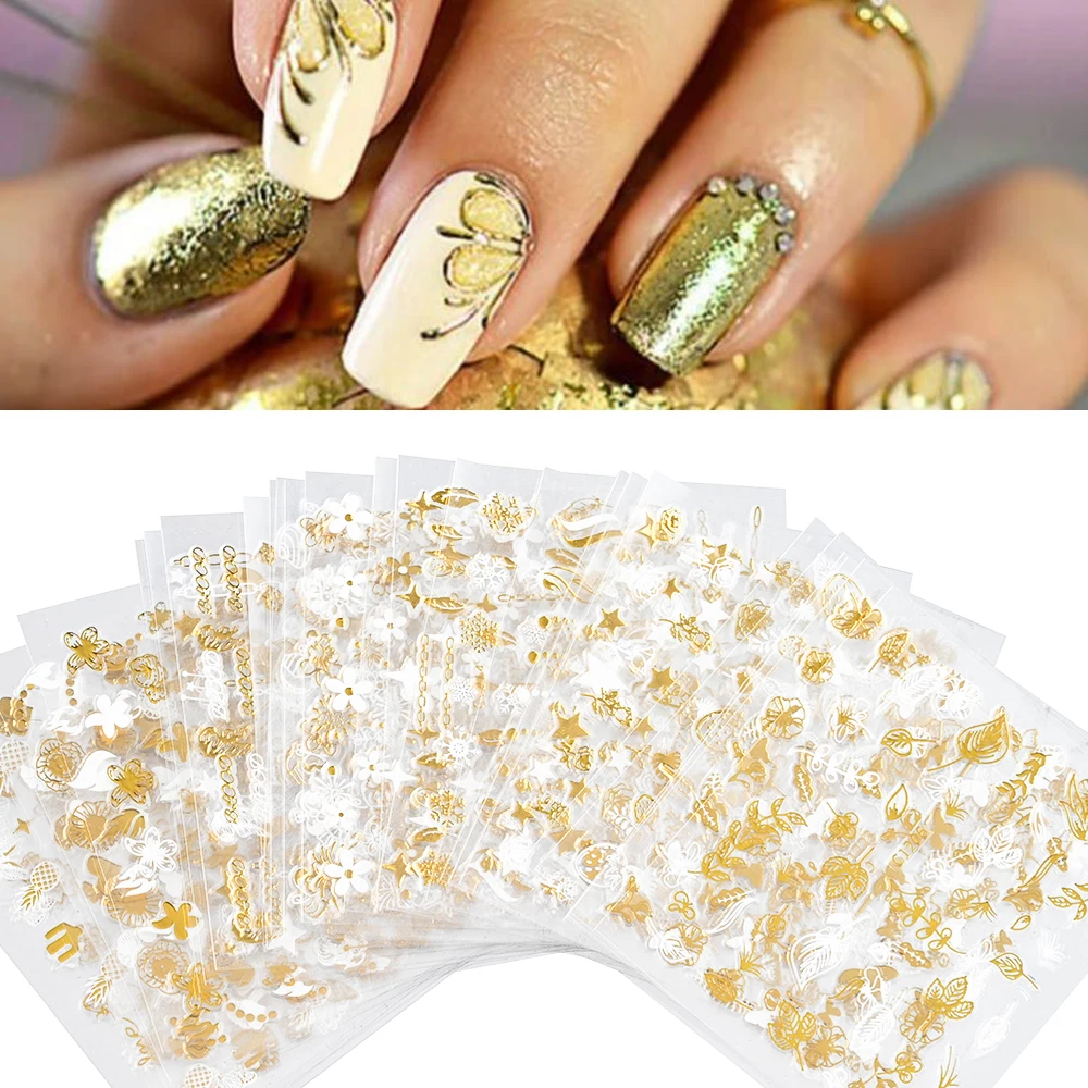 

30Pcs/Lot Gold Bronzing Nail Stickers 3D Bird Butterfly Leaf Abstract Line Sticker for Nails Adhesive Slide Nail Art Decorations