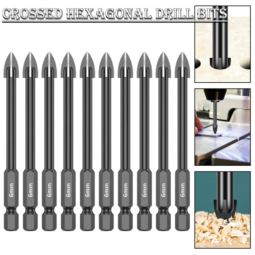 10pc 6mm Tungsten Carbide Cross Spear Head Drill Bit Hex Shank For Tile Porcelain Marble Ceramic Glass Brick Drilling Power Tool 10pcs 6mm cross ceramic triangular drill bit set tungsten carbide hex shank 74mm four edge for tile porcelain glass mirror tool