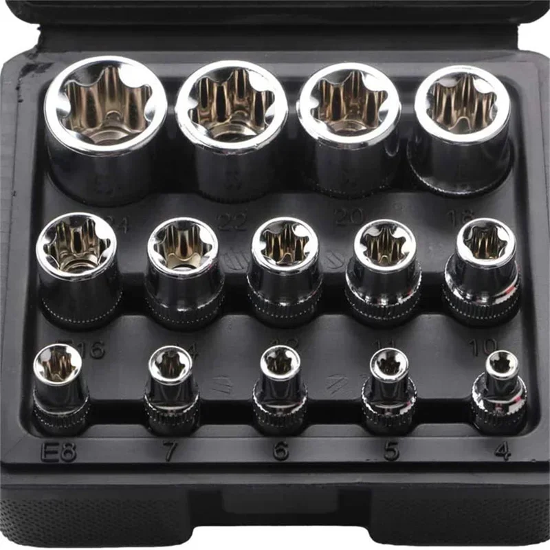 Female E Torx Socket Set with Case, 1/4, 3/8, 1/2 in. Drive E4-E24 External Torque Star Socket Kit, 14Pcs