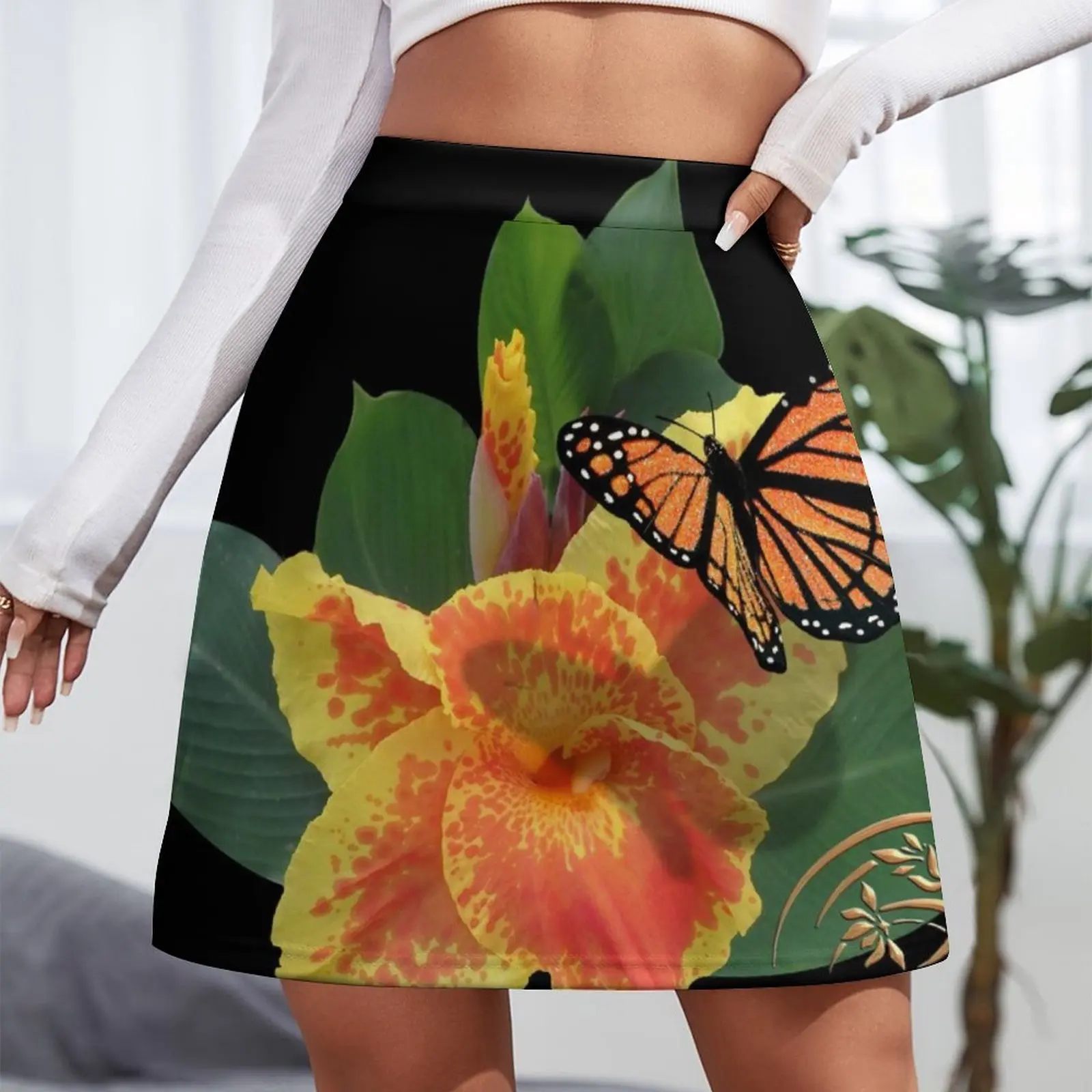Canna Lily and Monarch Butterfly on black Mini Skirt mini skirts Summer skirt Female clothing