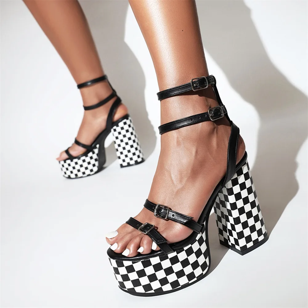 

Women Sandals 2022 Summer Luxury Chunky High Heels Chessboard Lattice Party Buckle Elegant Black White Platform Ladies Shoes