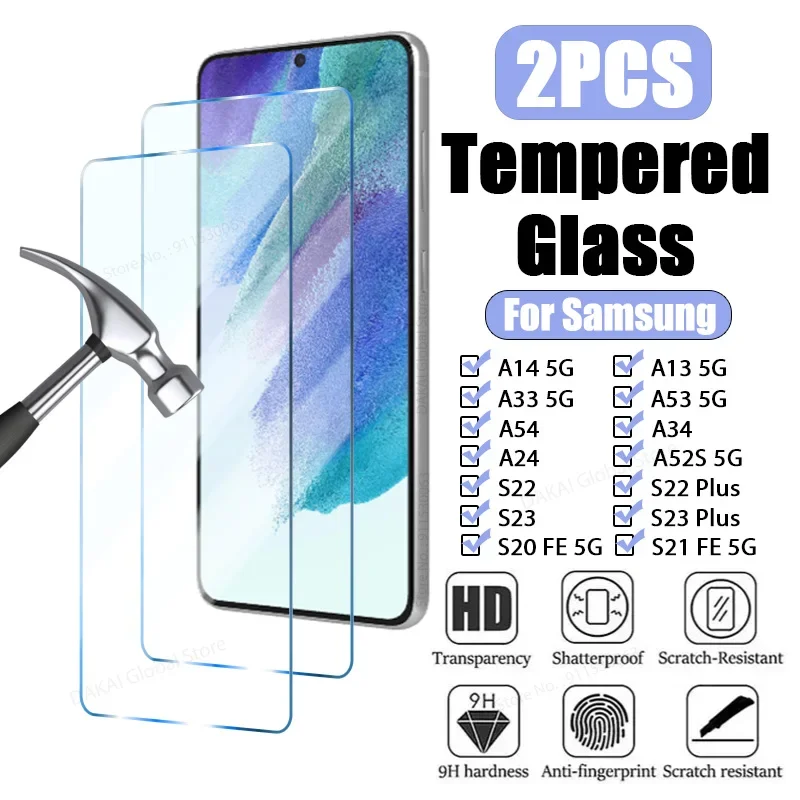Закаленное стекло для Samsung Galaxy A54 A14 A13 A33 A53 A52S A73 S21S20 FE 5G S22S23 Plus, Защита экрана для Samsung A52A72, 2 шт.