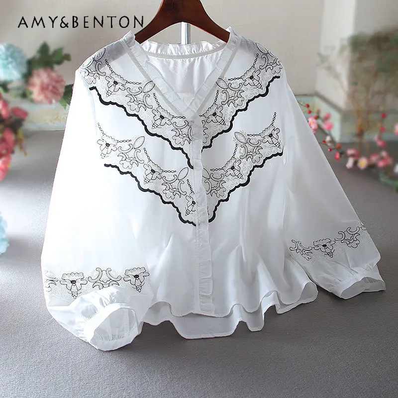 

Retro Exquisite Embroidery Floral High-Grade Figure Flattering Blouse Cotton and Linen V-neck Long Sleeve Shirt Women's Top