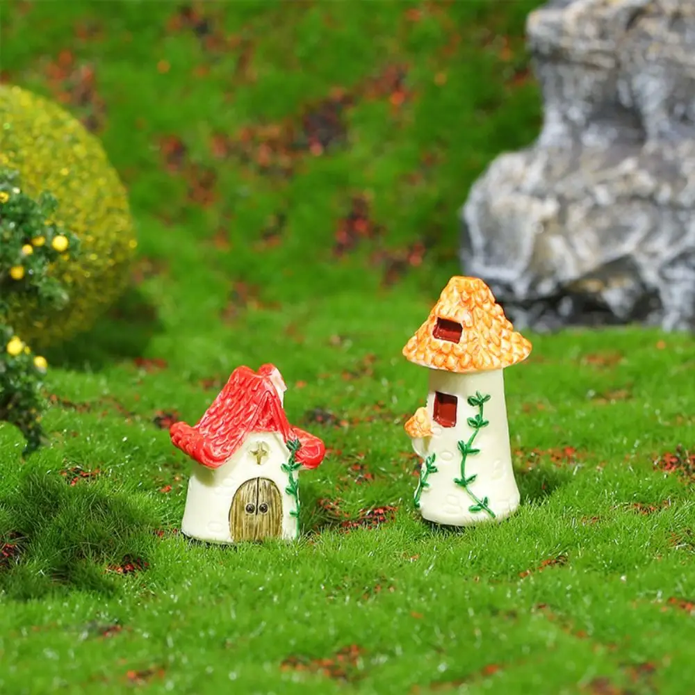 

Handmade Mini House Statue Resin Crafts Red Yellow Micro Landscape Ornaments Rural Small Miniature Tile House Garden
