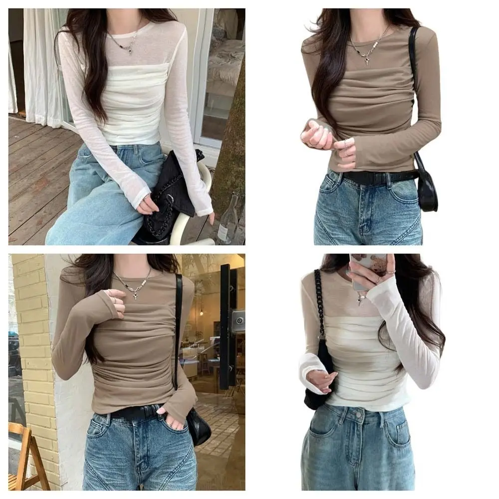 Long Sleeve Slim Long Sleeve T-shirt Streetwear Wrinkle Shape Women Thin Tops Versatile Slim Fit Korean Style Crop Top Party
