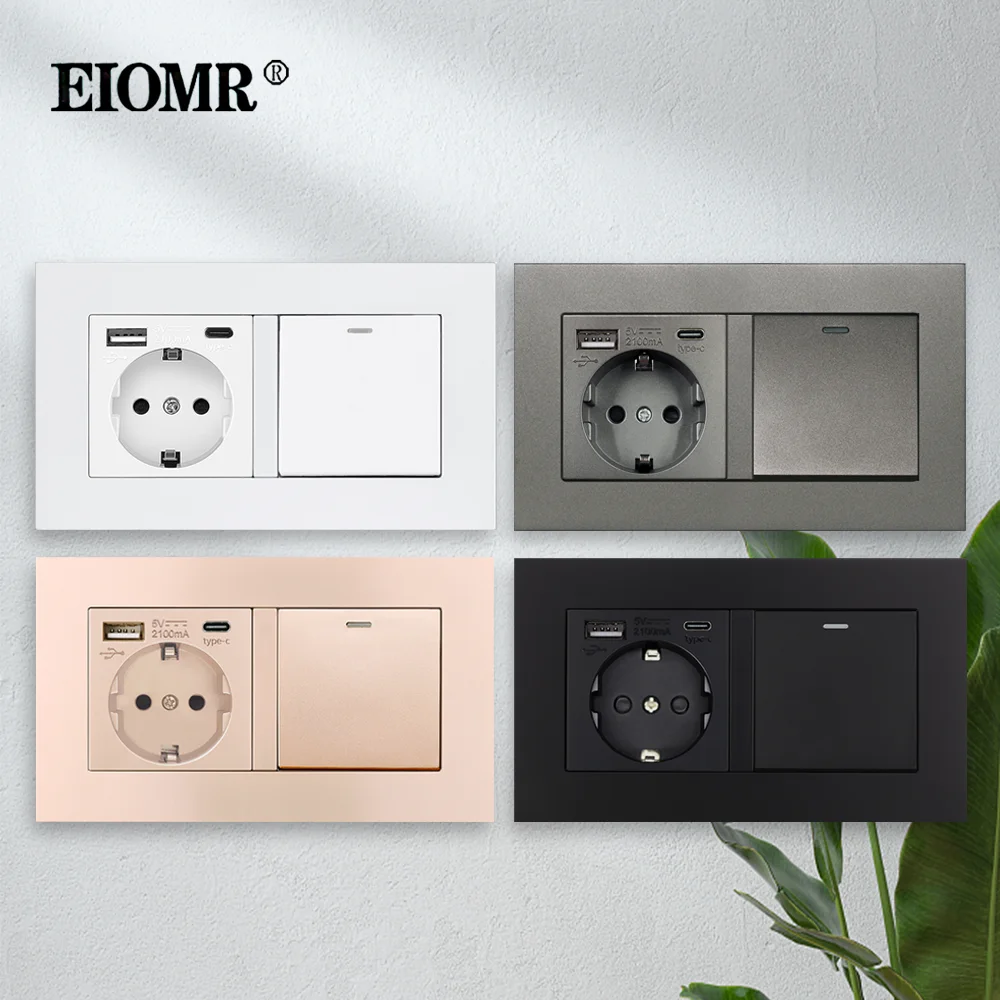 Комбинация настенных переключателей EIOMR, 1 шт., 5 В, 2100 мА, с USB-портом типа c, настенный порт быстрой зарядки, электрическая розетка стандарта ЕС