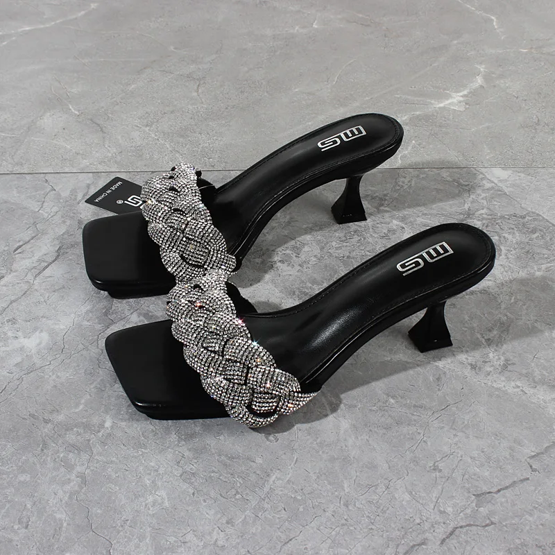 Women's Slippers 2024 Summer New Handmade Crystal Braided High Heels Sexy Stiletto Outside Fashion Women's Sandals 7CM