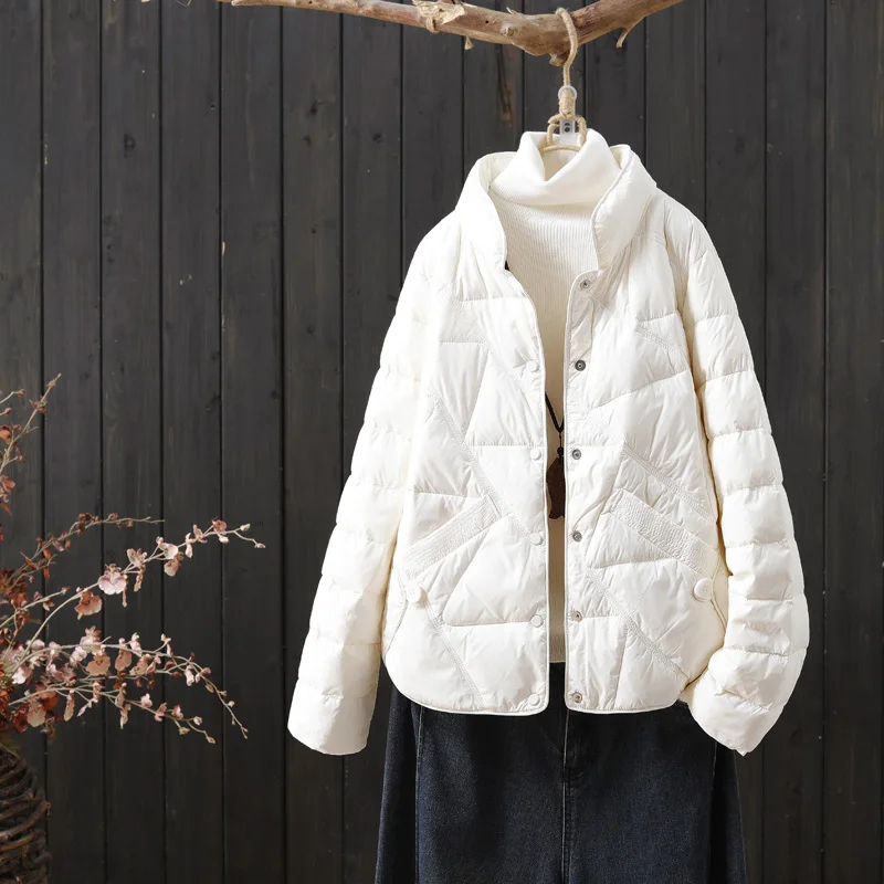 

2023 Winter Apparel New Product Light and Thin Standing Collar Down Coat Women's Single breasted Simple and Fashionable White Du