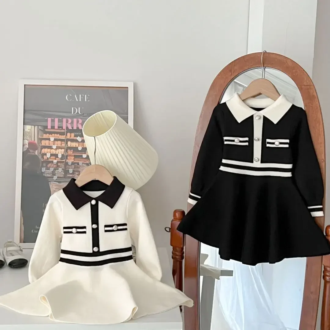 

Kids Autumn Winter Clothing Black White Color Cute Peter Pan Collar Sweater Dress Fashion Knitted Dresses for Children Girls