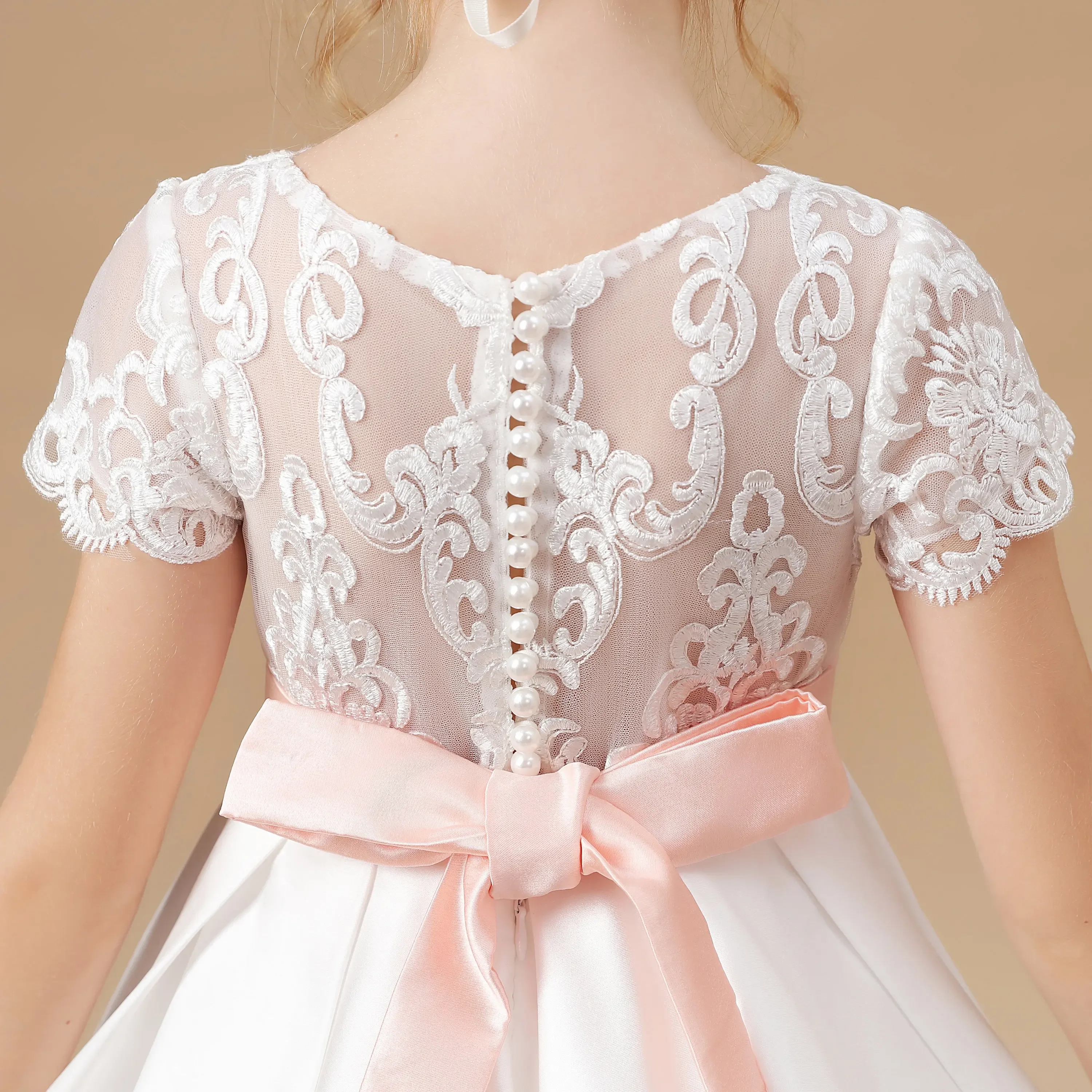 Flower Girl Dresses Customised Elegant White Satin First Communion Gowns Wedding A-line Flower Girl Dress Pink Bow Belt