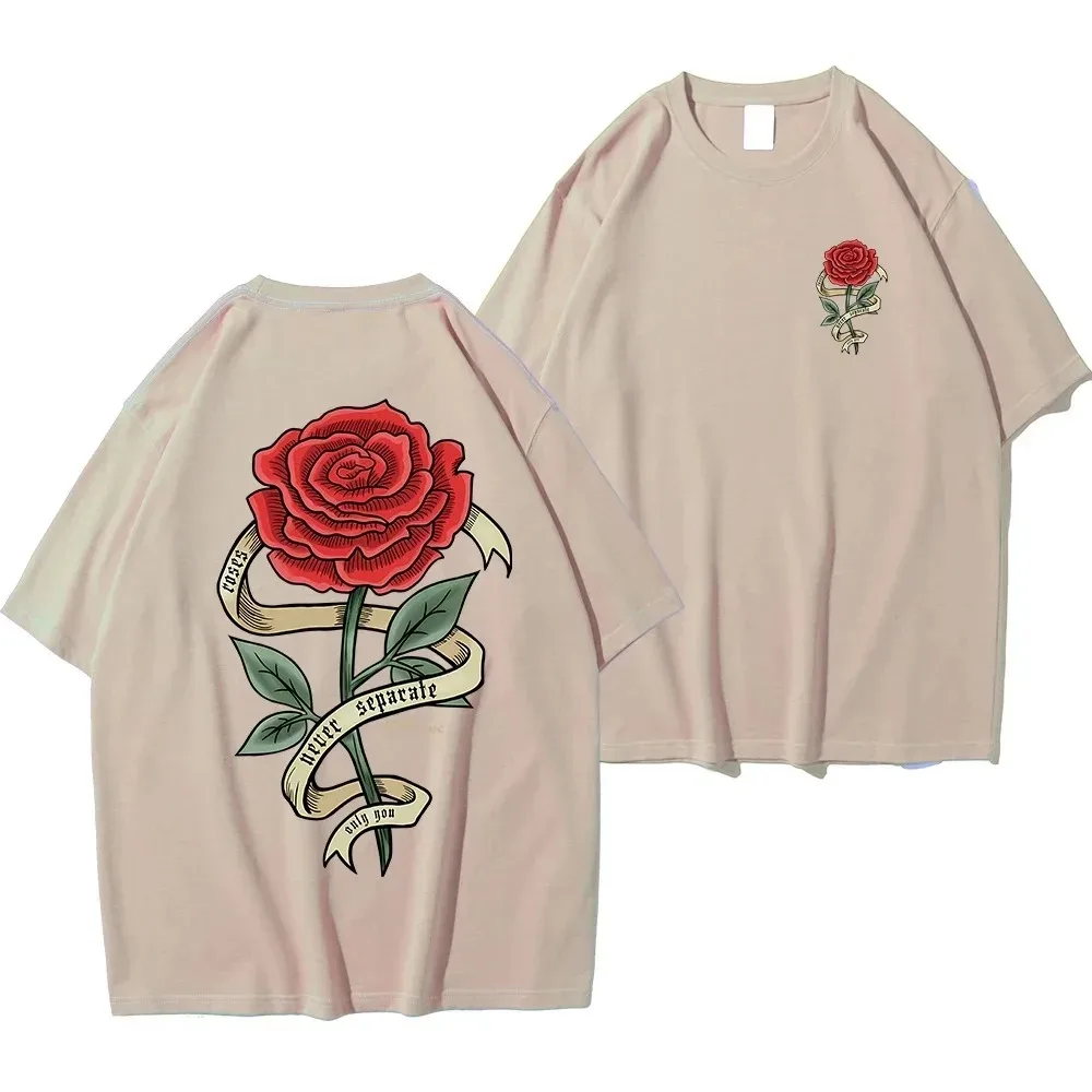 

Men's Summer Cotton Red Rose Wrapped Ribbon Printed T-Shirt Breathable Large Casual Loose T-Shirt Short Sleeve