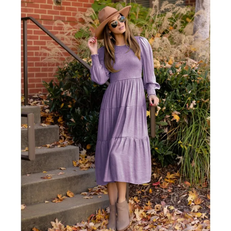 

Autumn 2023 Women's Solid Color Fashion Temperament Comfortable And Elegant Vintage Round Neck Lantern Sleeves High Waist Dress