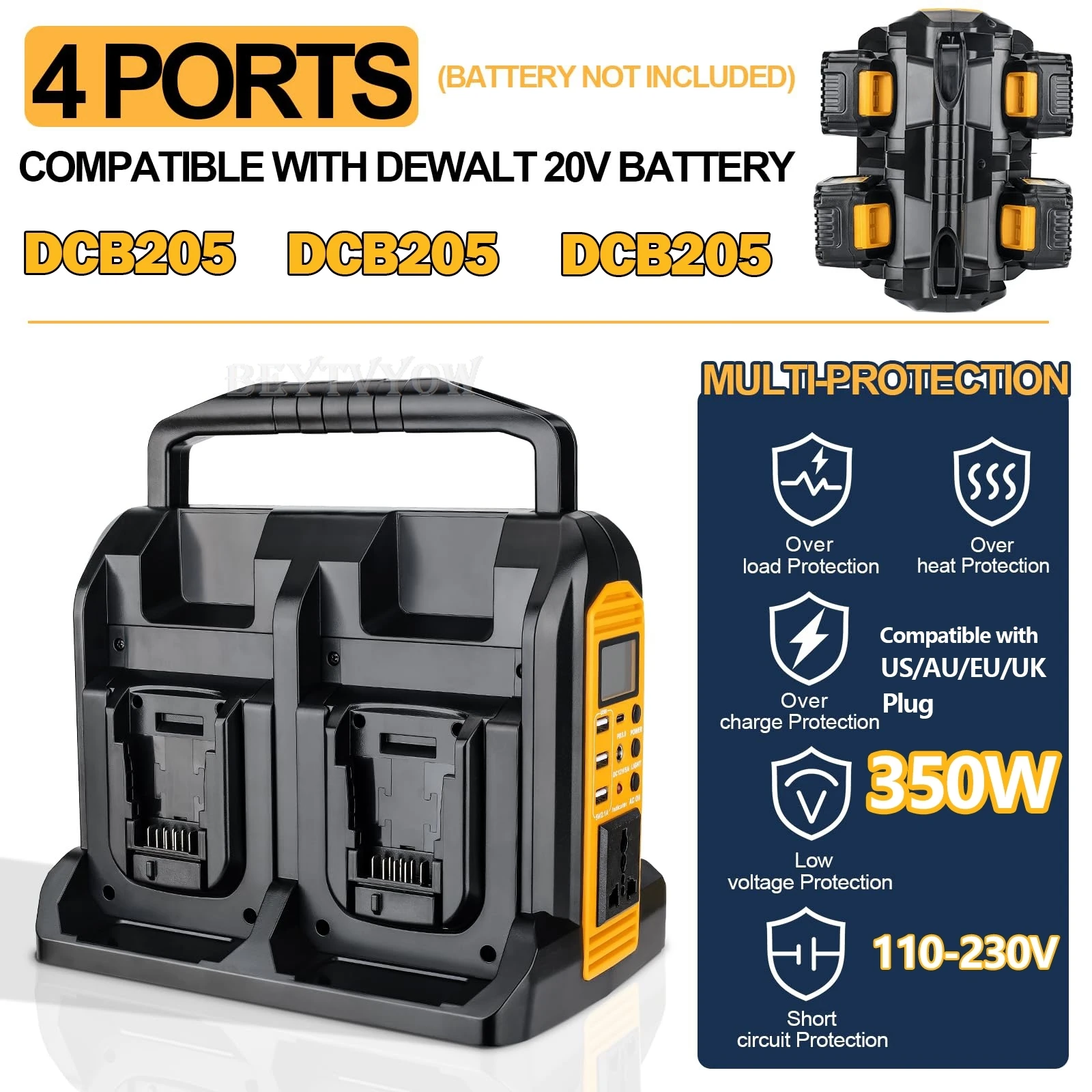 4-Ports 350W Wechselrichter für Dewalt 20V 60V Akku DC 20V zu AC 120V/220-230V reiner Sinuswellen-Wechselrichter USB-A/C US/AU/EU/UK