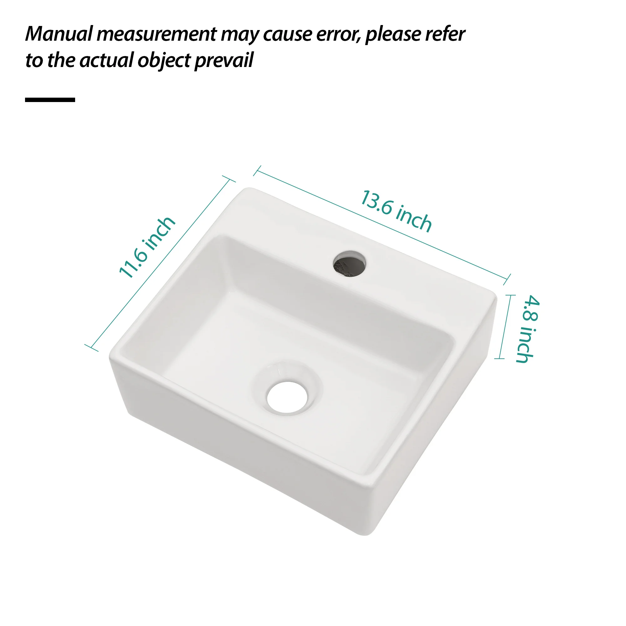 13.6x11.6” White Ceramic Rectangular Wall Mount Bathroom Sink with Single Faucet Hole ( Faucet and Sink Undermount Not Included) 4