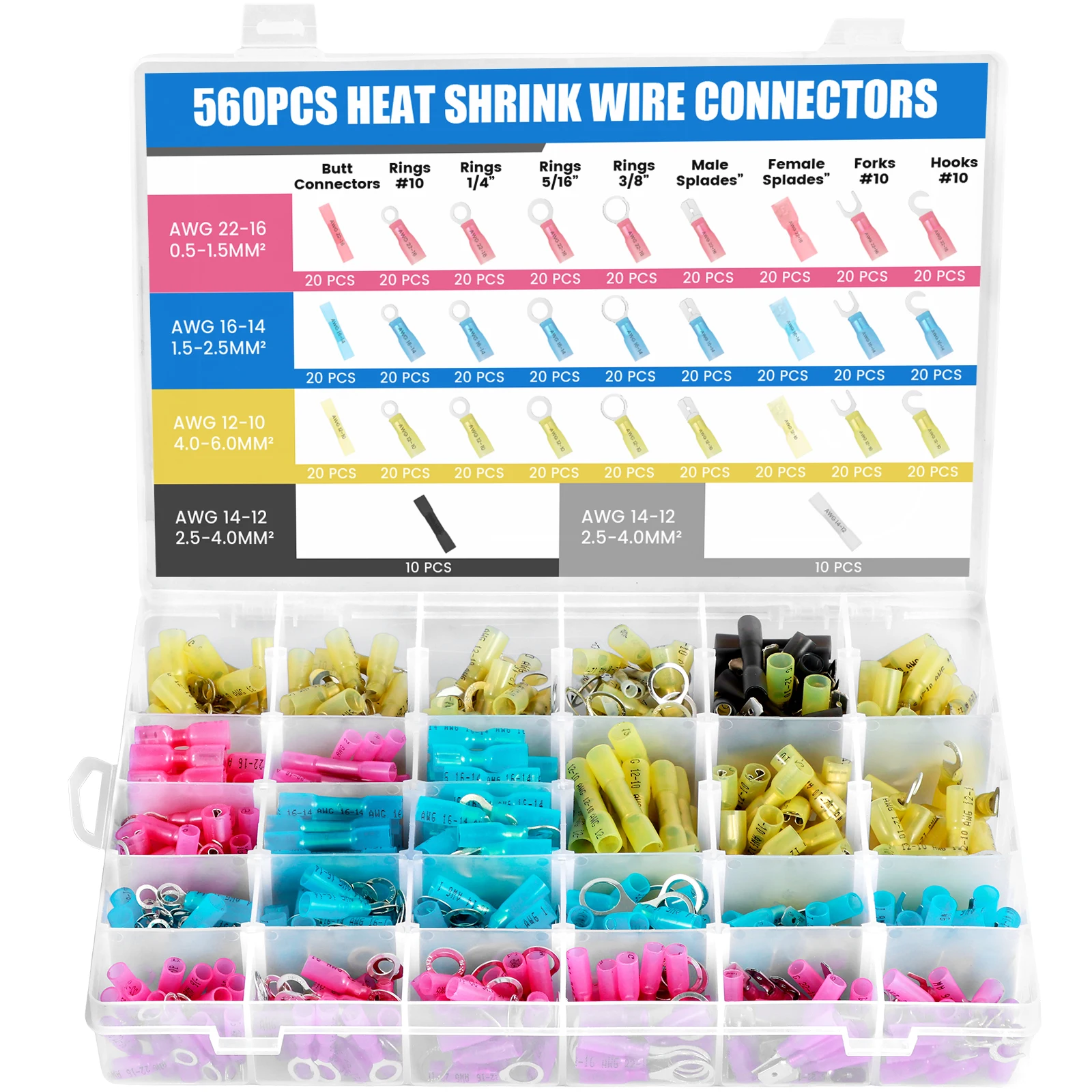 

560Pcs Heat Shrink Wire Connectors Waterproof Electrical Connectors Kit Premium Insulated Crimp Connector Terminals Ring Marine