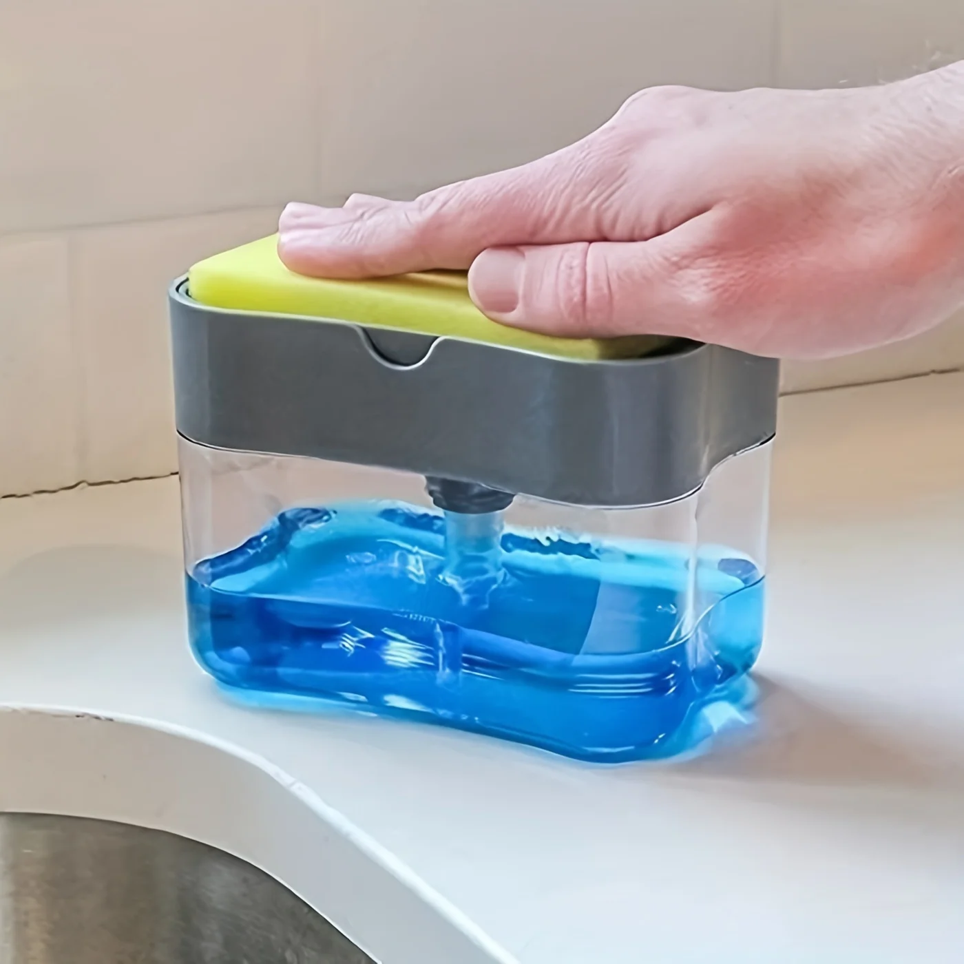 Dish soap pump dispenser and sponge holder metallic silvery for kitchen sink no sponge 1pc