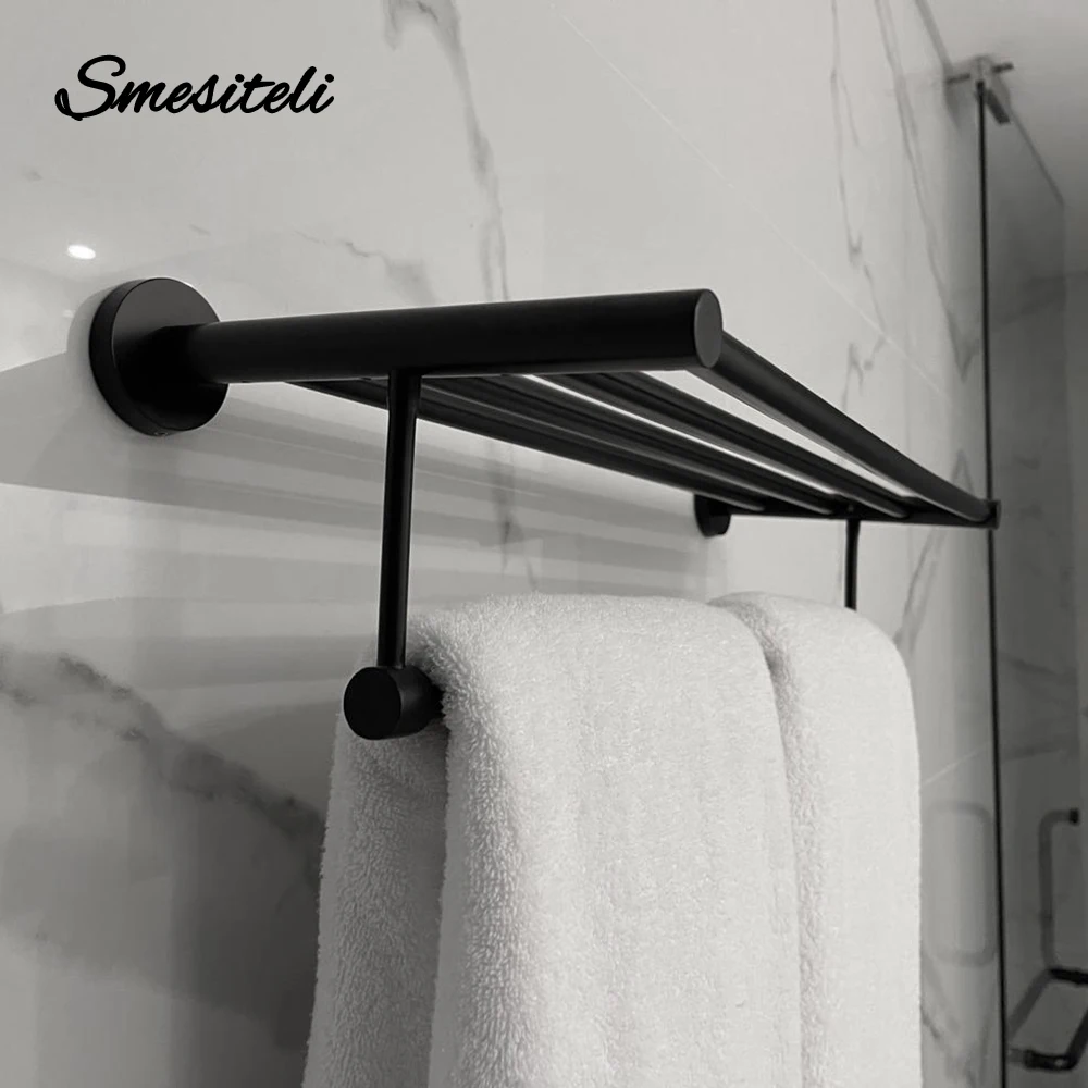Black Towel Rack Stainless Steel Towel Bar Bathroom Hardware Shelf 55CM Holder Install Wall With Screws