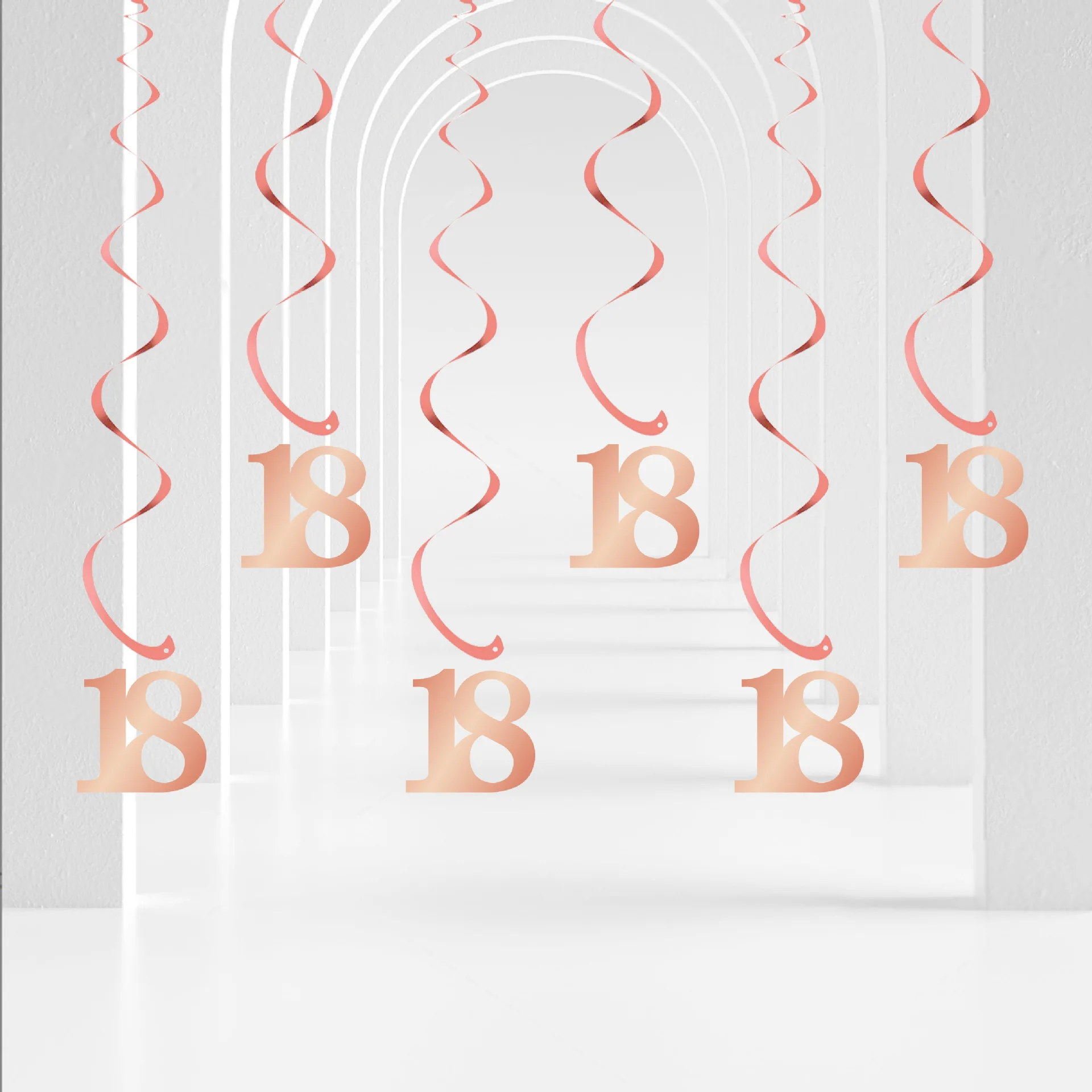 Rose Gold Spiral Birthday Swirls, Hanging Ornaments, Birthday Decor, 18, 21, 30, 40, 50, 60, 70 Years Old, 6Pcs per Pack