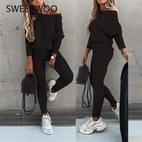 

Ladies Long Sleeve 2 Pieces Sets Women Fashion Solid Outfits Spring Autumn Sets Slash Neck Suits Streetwear Joggers Tracksuit