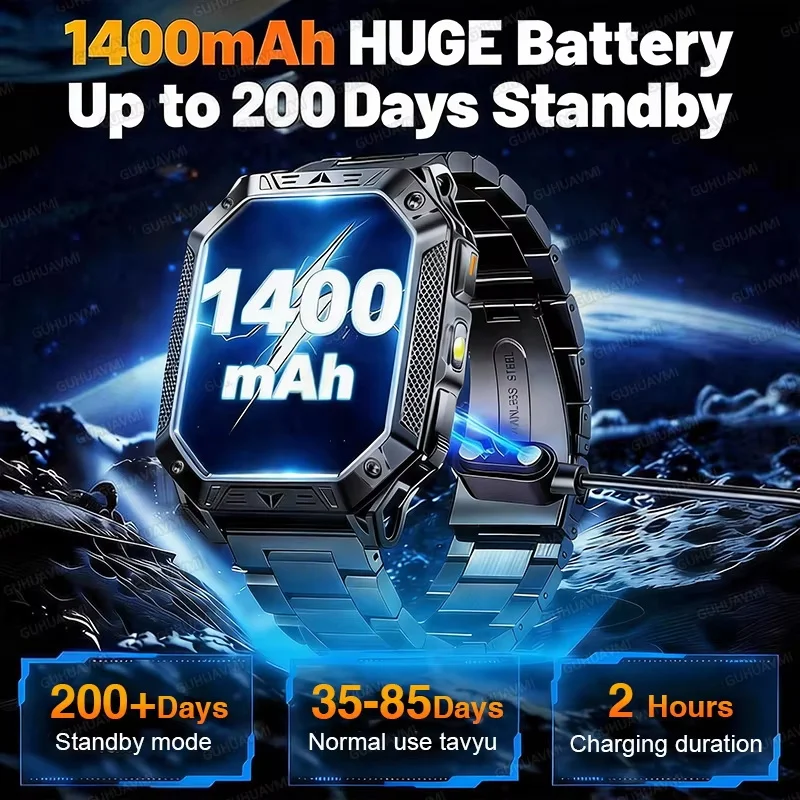 2026 Outdoors Durable GPS Men Sports Smart Watch 2.01” 1400mAh Battery LED Flashlight Waterproof Bluetooth Call Military Watch 2