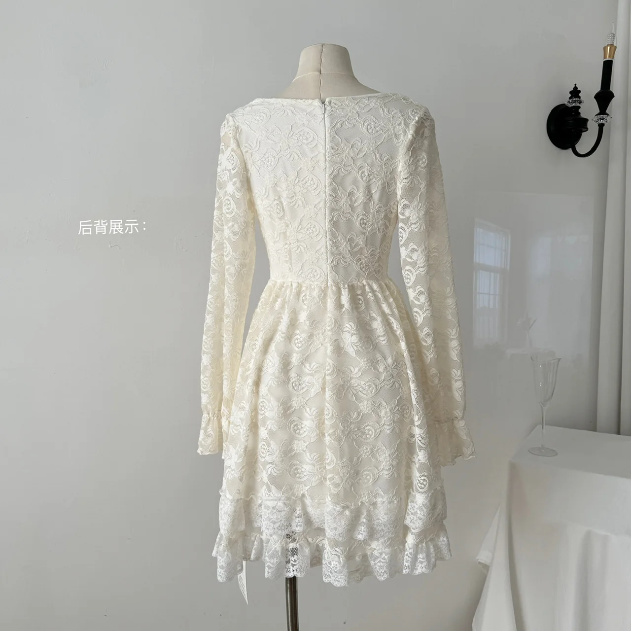 Elegant Lace Mini Dresses Women V-neck Long Sleeve Ruffles A-line Autumn New Sweet Korean Fashion Party Dress Female Vestidos