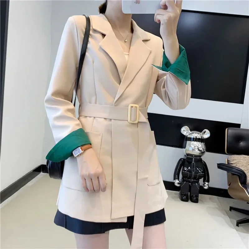 Waistband Long Coat Women Blazer Dress Autumn Winter Slim Long Blazer Check Office Blazer Jacket Feminino Outerwear Elegant