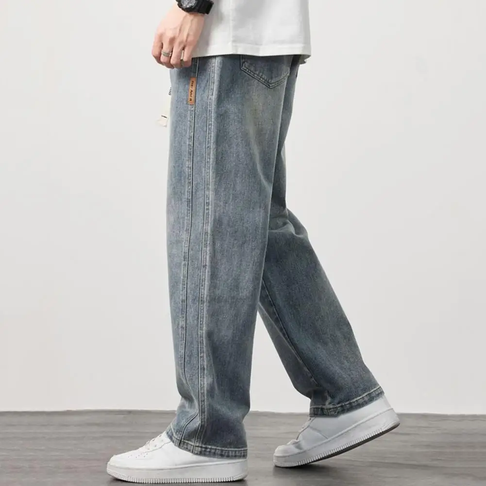 

Denim Material Pants Versatile Men's Elastic Waist Denim Pants Adjustable Drawstring Solid Color Straight Leg Jeans for Casual