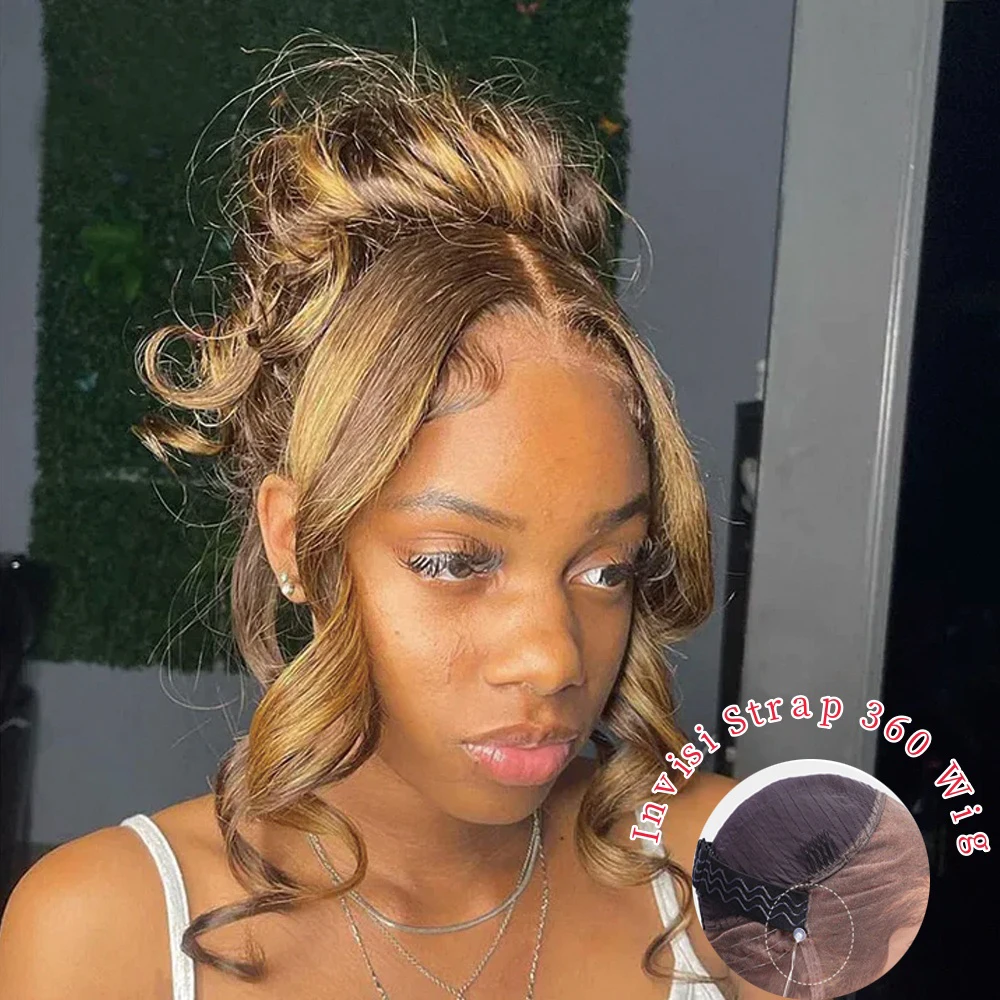Highlight Ombre Invisi Strap 360 Full Lace Front Wig Human Hair Pre Plucked Body Wave 360 Glueless Upgrade 4/27 Human Hair Wig lace front wig human hair wigs 360 lace wig
