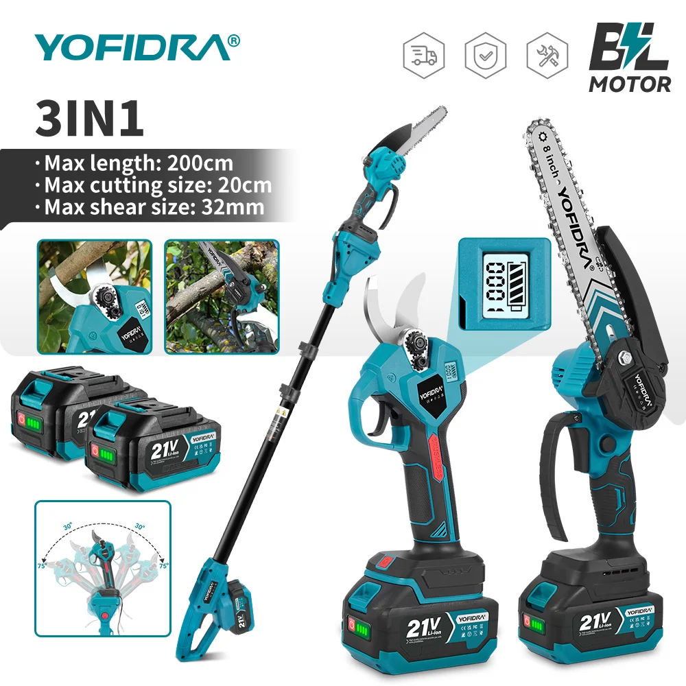 YOFIDRA 3IN1 Bürstenlose elektrische 8-Zoll-Kettensäge 32 mm Schere Teleskopstangensägen Garten Hohe Astsäge für Makita Akku Pin – Detail 3