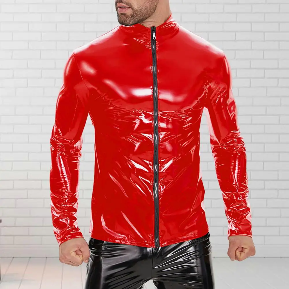 

Men Shiny Jacket Men's Faux Leather Party Nightclub Jacket with Stand Collar Zipper Closure Smooth Glossy Solid Color for Night