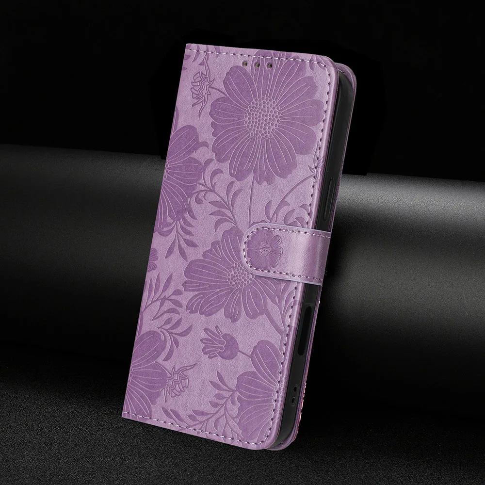 Elegant Flower Pattern Wallet Card Holder Flip Case with Leather Back Cover