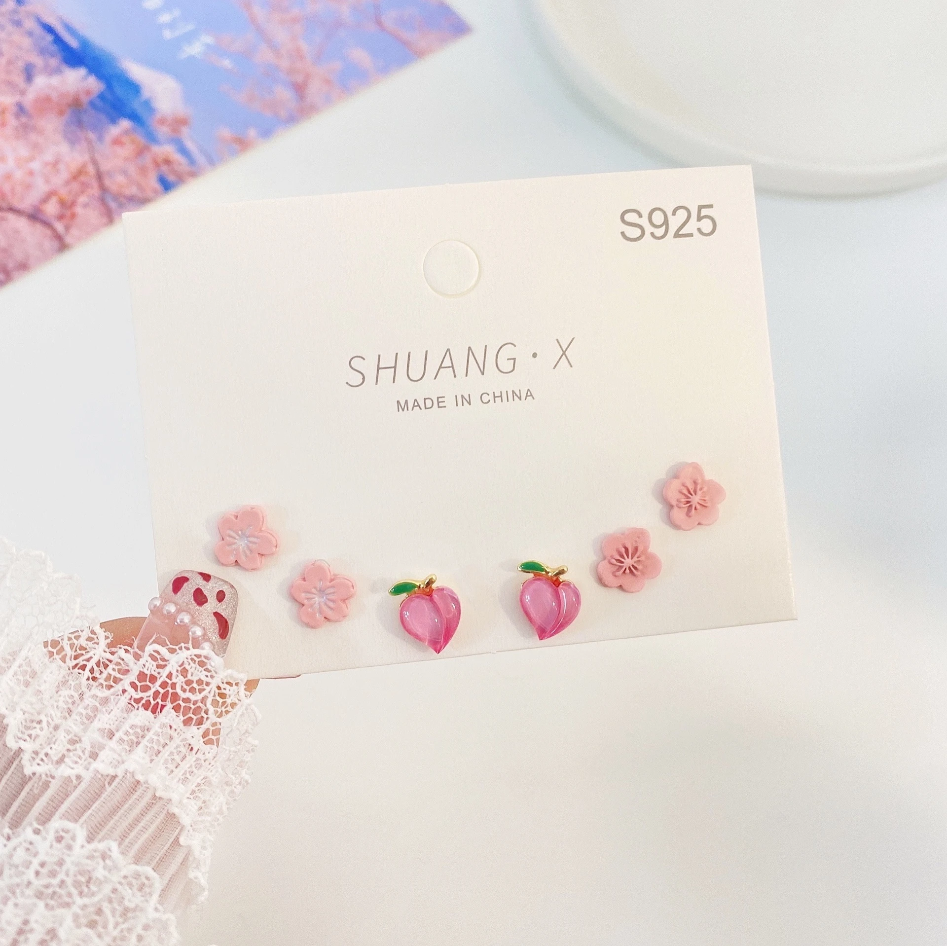Pink Ceramic Ears Stud Earrings Set Korean Style Heart Flower for Women Colorful Earring for Girls Cute Elegant Party Jewelry