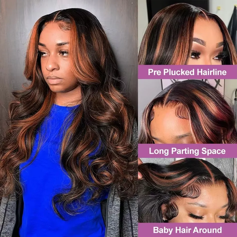 200% Density Ombre Highlight Body Wave 13x6 HD Lace Front Human Hair Wig Curly 1B/30 Black Brown Colored 13x4 Lace Frontal Wigs