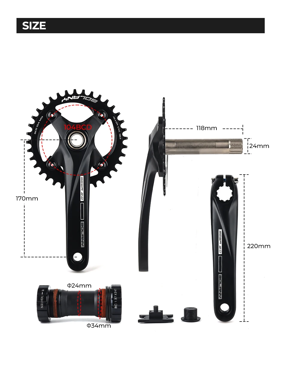 Description Picture 4 of itemBOLANY Bicycle Crankset 170mm 104BCD Mountain Bike Double Disc Crank with Bottom Bracket 34T 36T 38T Aluminum Alloy Bike Cranks